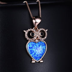 Blue Opal & Clear Cubic Zirconia Owl Pendant Necklace