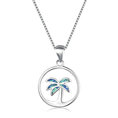 Blue Opal Palm Tree Openwork Pendant Necklace - streetregion