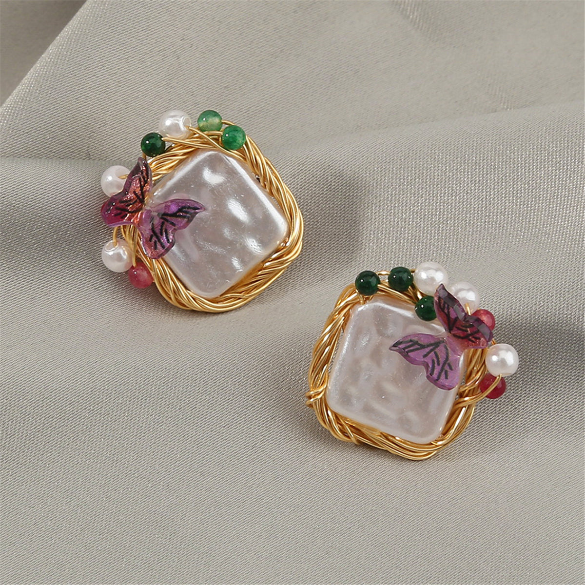 Pearl & Purple Butterfly Square Stud Earrings