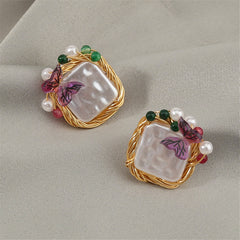 Pearl & Purple Butterfly Square Stud Earrings