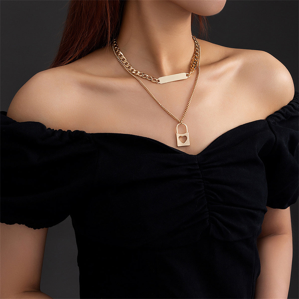 18K Gold-Plated Bar & Heart Lock Necklace Set