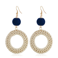 Navy Polyster & Rattan Open Circle Drop Earrings