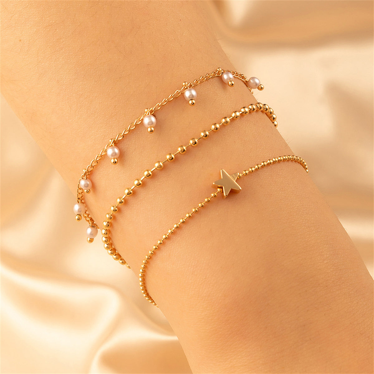 Pearl & 18K Gold-Plated Star Bead Bracelet Set