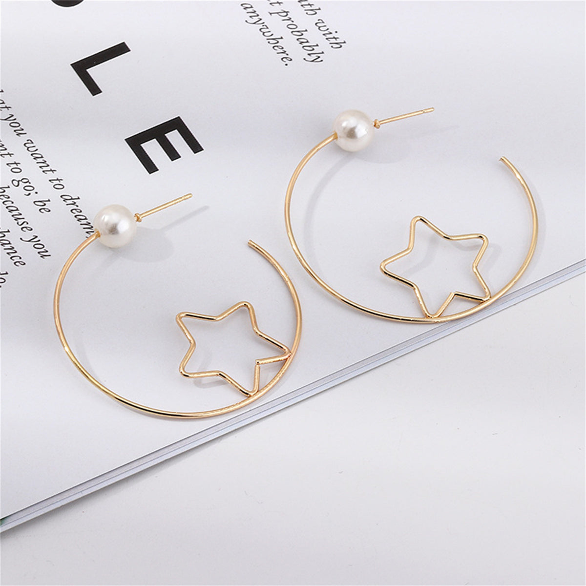 Pearl & 18K Gold-Plated Open Star Hoop Earrings