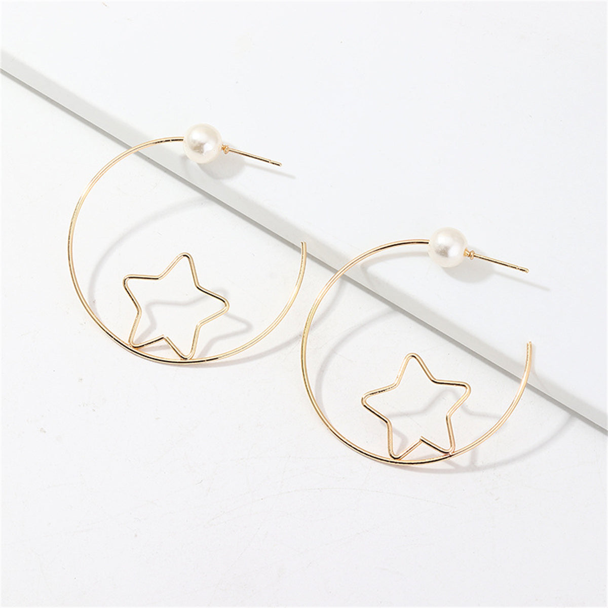 Pearl & 18K Gold-Plated Open Star Hoop Earrings