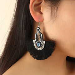 Black & Cubic Zirconia Hamsa Tassel Fan Drop Earrings