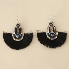 Black & Cubic Zirconia Hamsa Tassel Fan Drop Earrings