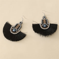 Black & Cubic Zirconia Hamsa Tassel Fan Drop Earrings