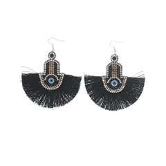 Black & Cubic Zirconia Hamsa Tassel Fan Drop Earrings