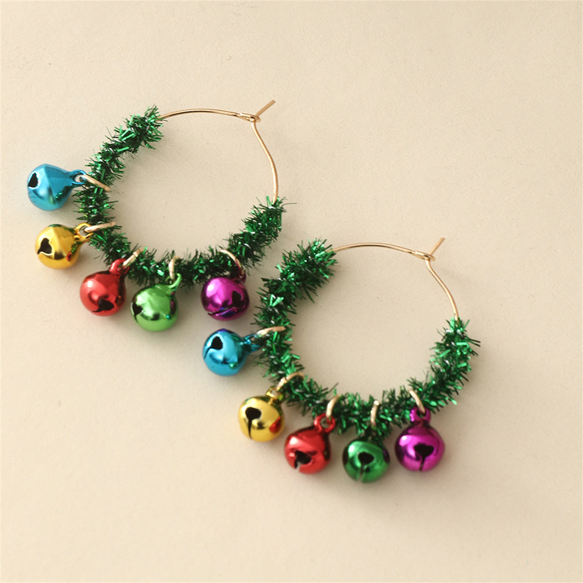 Green & 18K Gold-Plated Tinsel Bells Huggie Earrings