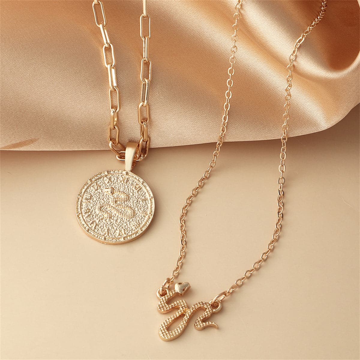 18K Gold-Plated Snake Coin Pendant Necklace Set