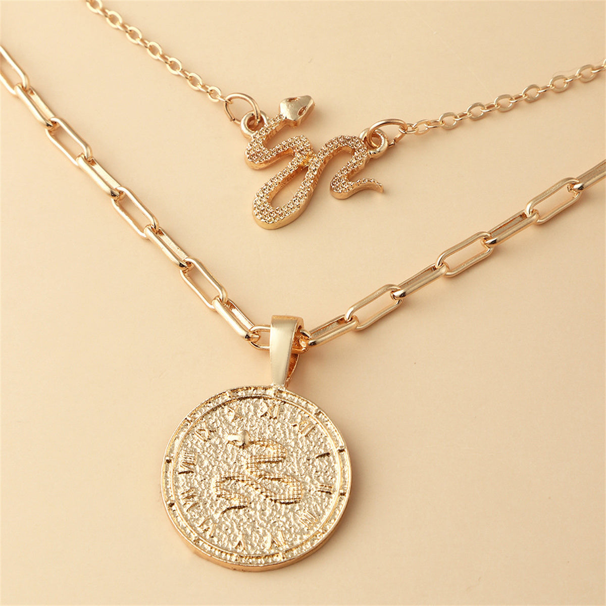 18K Gold-Plated Snake Coin Pendant Necklace Set