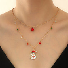 Red Crystal & White Enamel Snowman Bell Layered Pendant Necklace