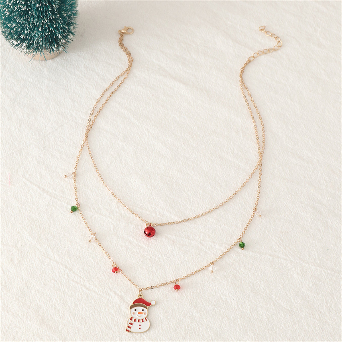 Red Crystal & White Enamel Snowman Bell Layered Pendant Necklace