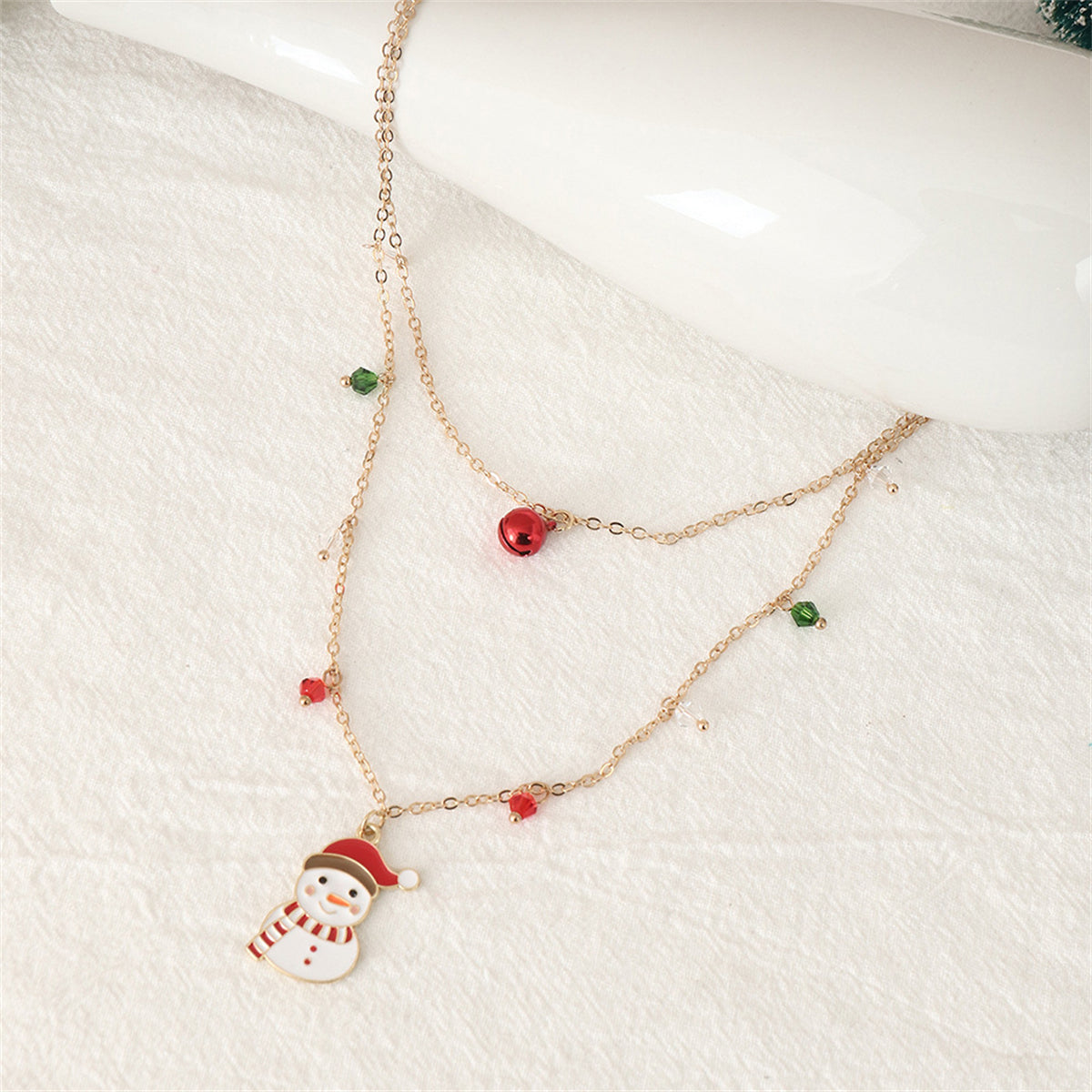 Red Crystal & White Enamel Snowman Bell Layered Pendant Necklace