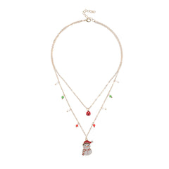 Red Crystal & White Enamel Snowman Bell Layered Pendant Necklace