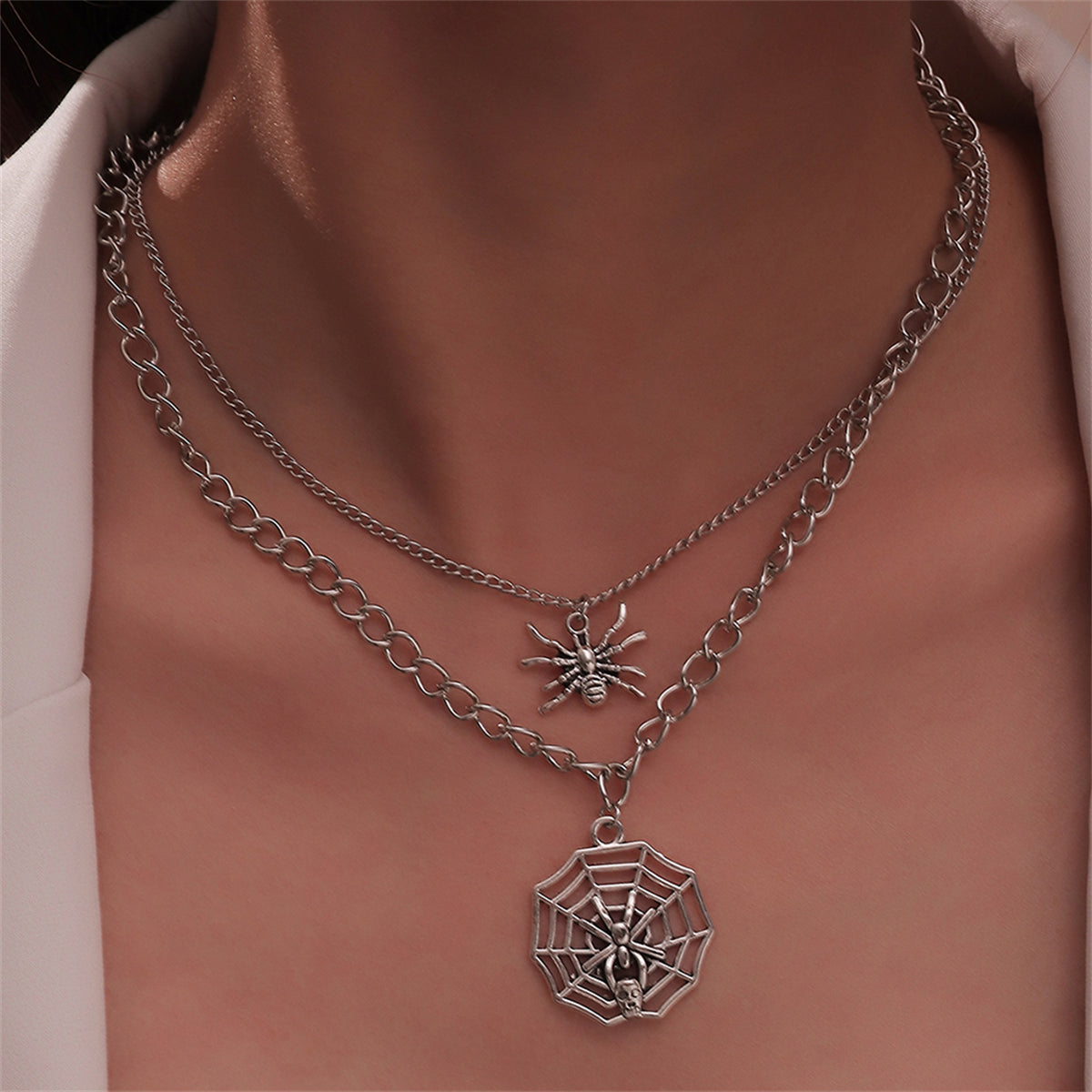 Silver-Plated Spider & Web Pendant Necklace Set