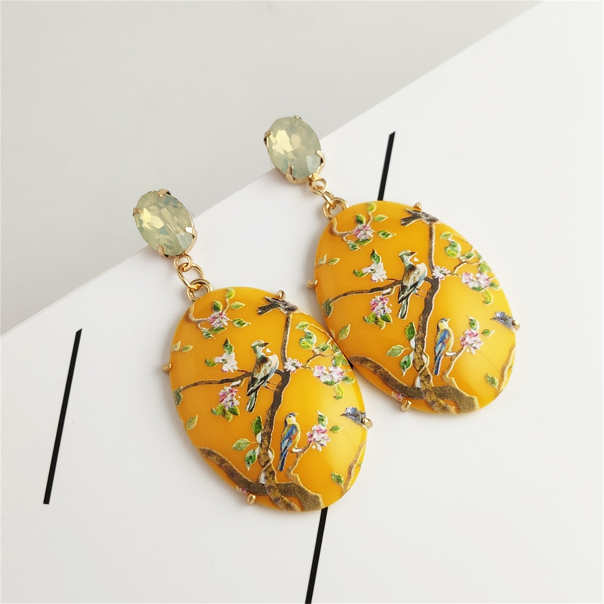 Yellow Crystal & 18K Gold-Plated Bird Branch Oval Drop Earrings