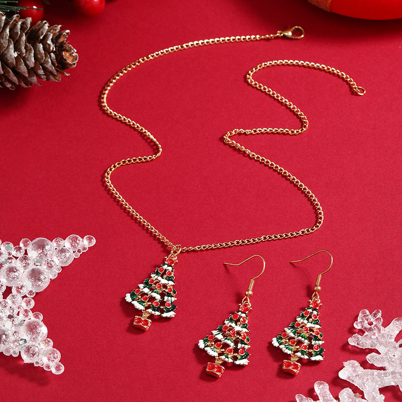 Red & 18K Gold-Plated Openwork Christmas Tree Necklace & Earrings