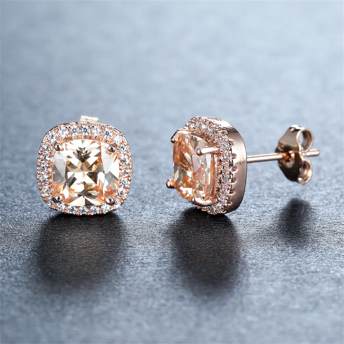 Champagne Princess Crystal & 18K Rose Gold-Plated Halo Stud Earrings