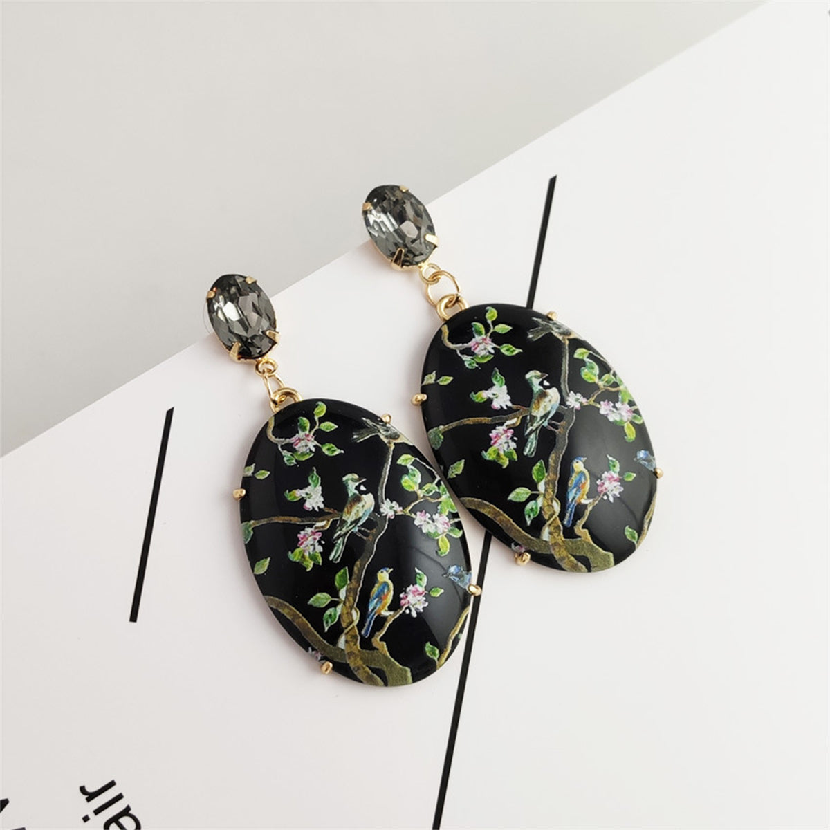 Black Crystal & 18K Gold-Plated Bird Branch Oval Drop Earrings