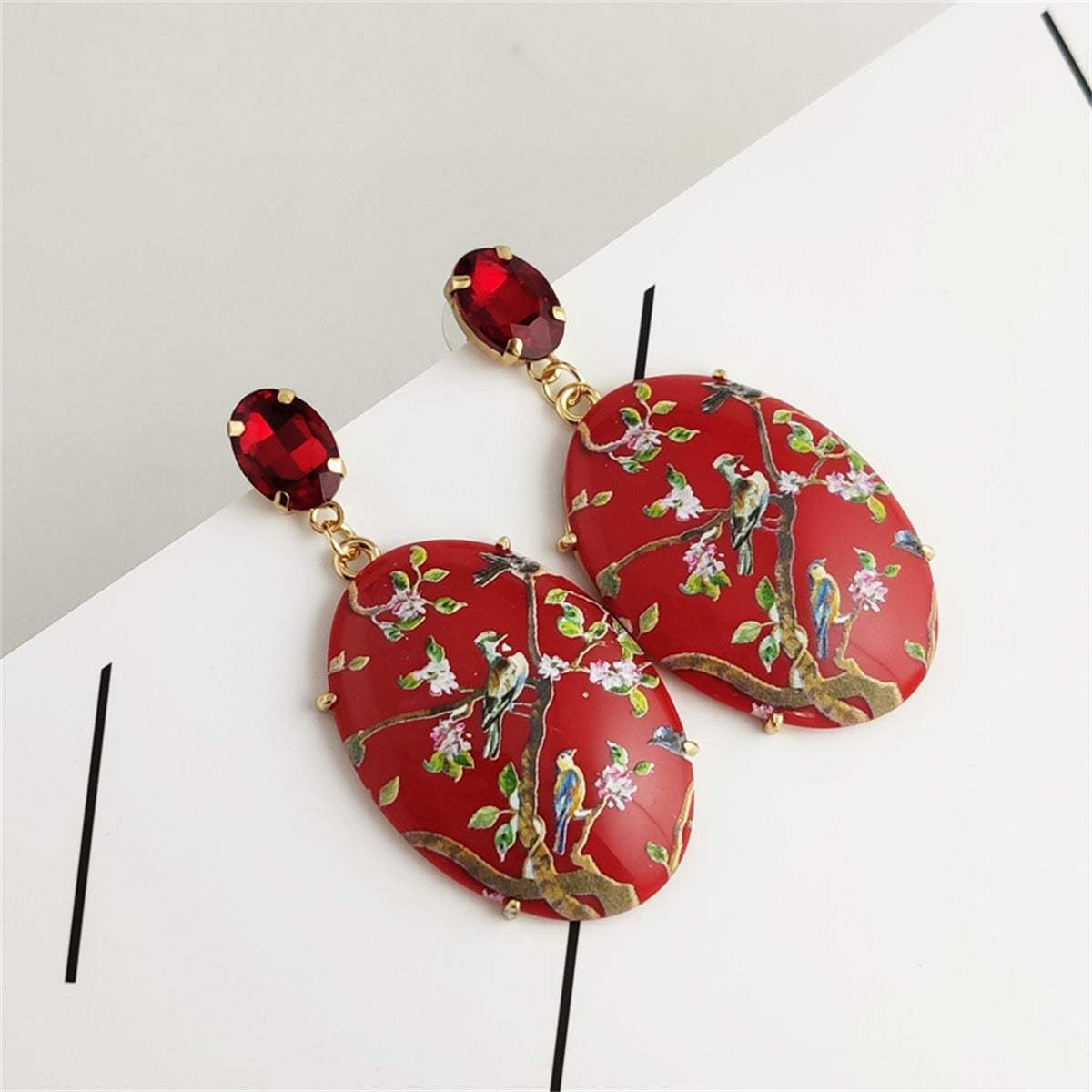 Red Crystal & 18K Gold-Plated Bird Branch Oval Drop Earrings