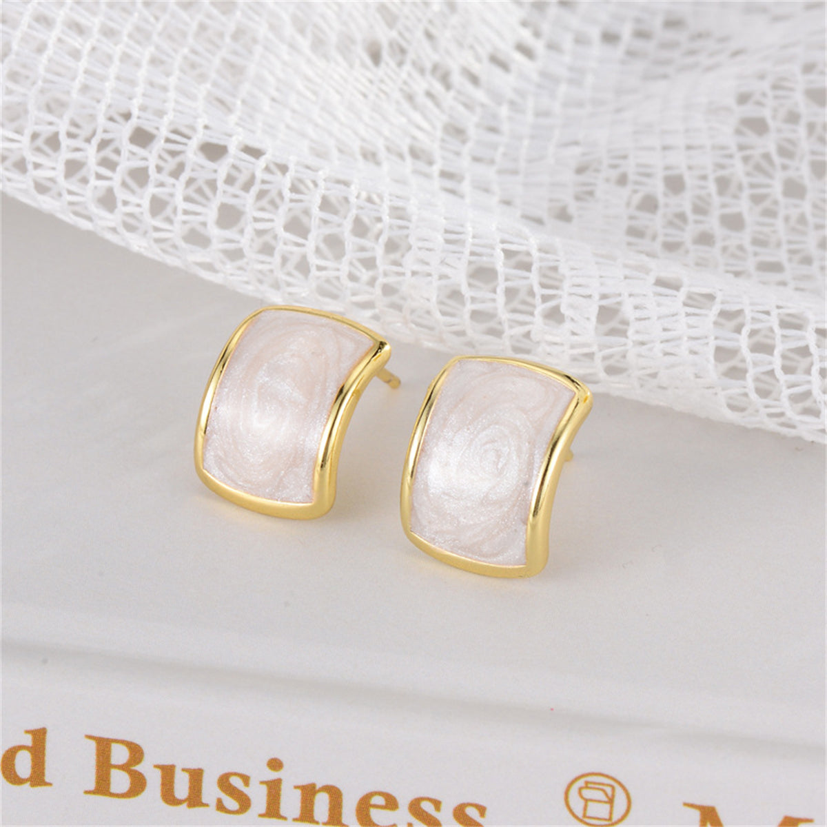 White Enamel & 18K Gold-Plated Curved Face Stud Earrings