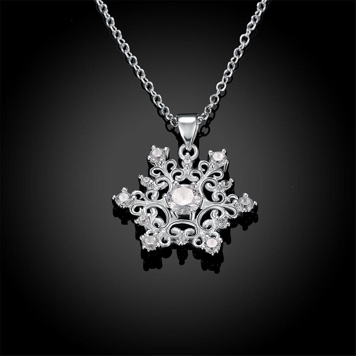 White Cubic Zirconia & Silver-Plated Snowflake Pendant Necklace - streetregion