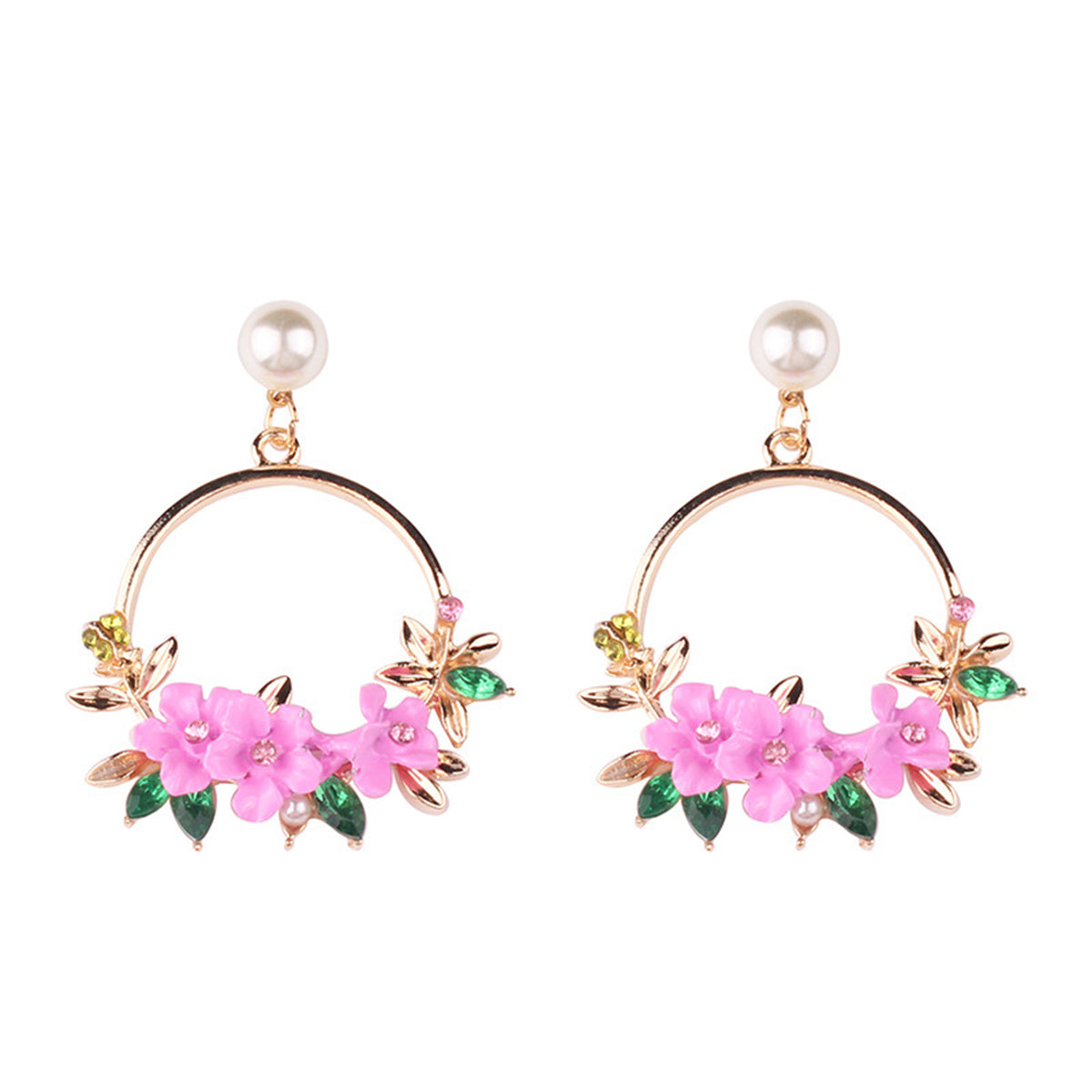 Pearl & Cubic Zirconia Pink Floral Cluster Hoop Drop Earrings