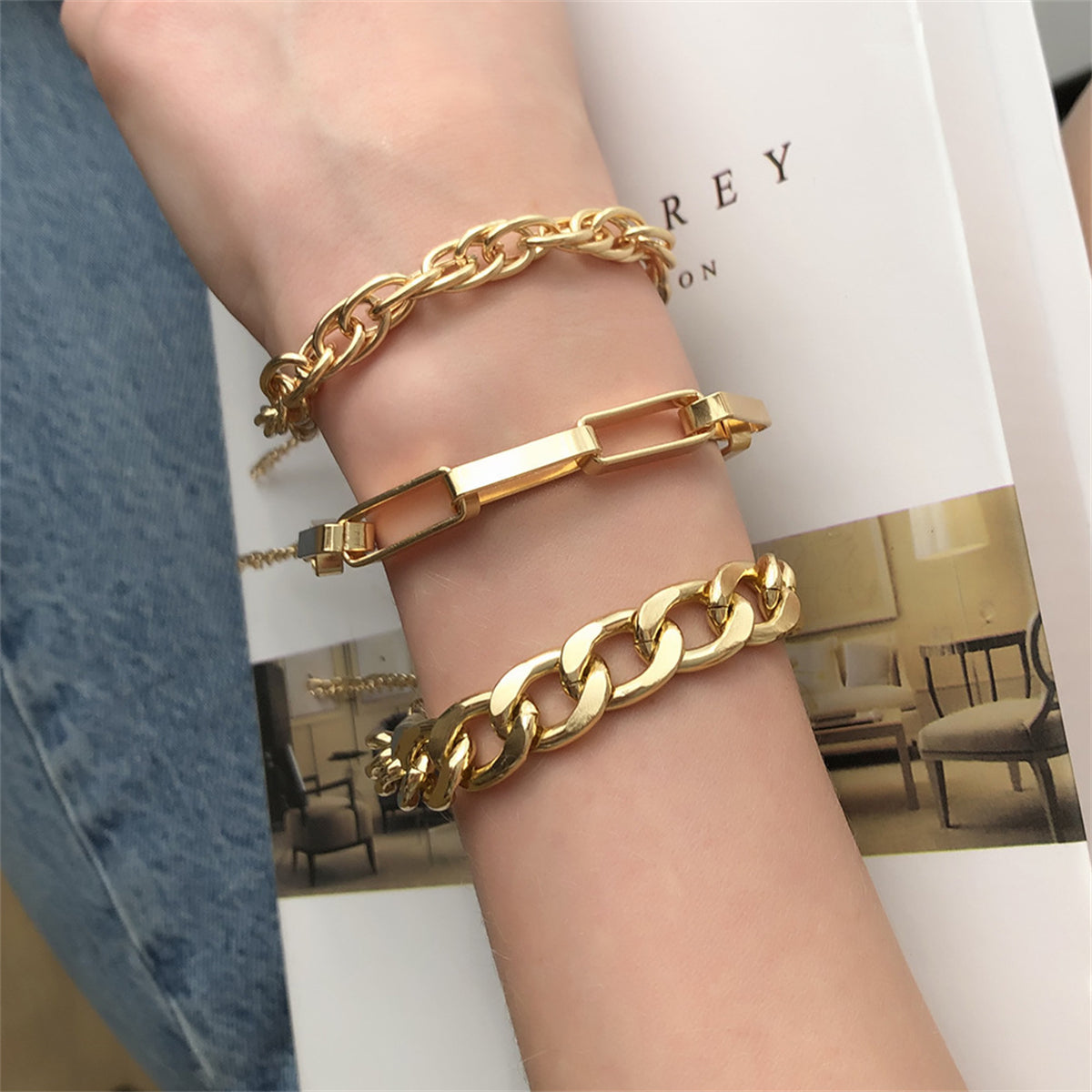 18K Gold-Plated Curb & Cable Chain Bracelet Set