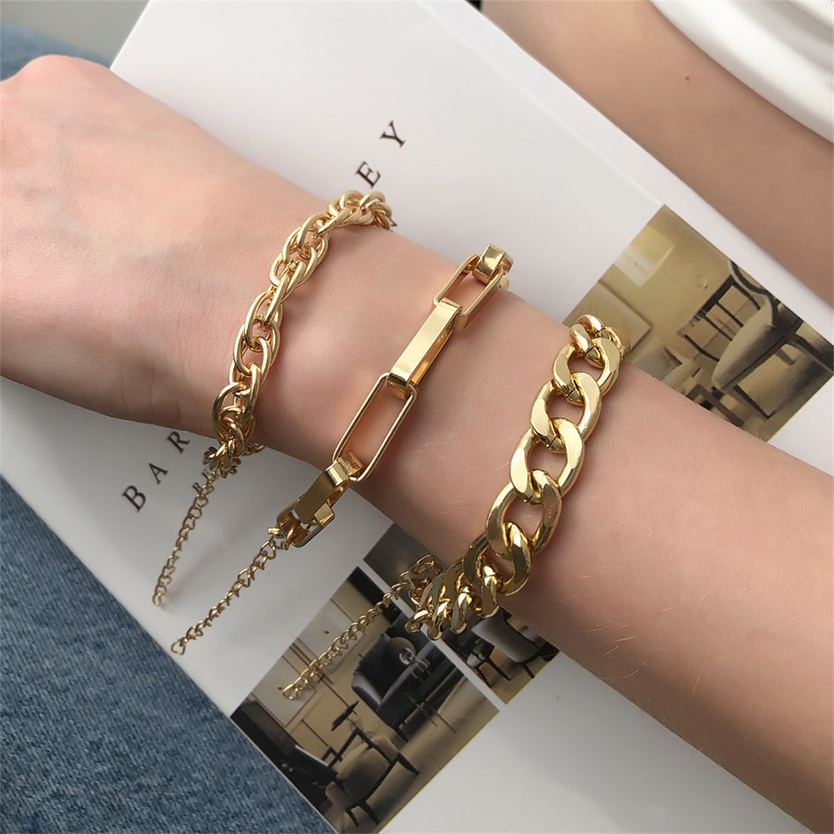 18K Gold-Plated Curb & Cable Chain Bracelet Set