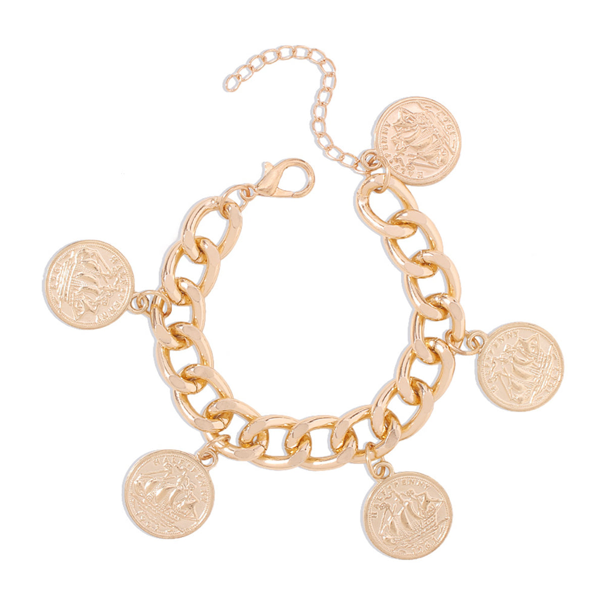 Beautiful 18K gold-plated bracelet adorned with four exquisite gold coin charms, a must-have accessory for style lovers.