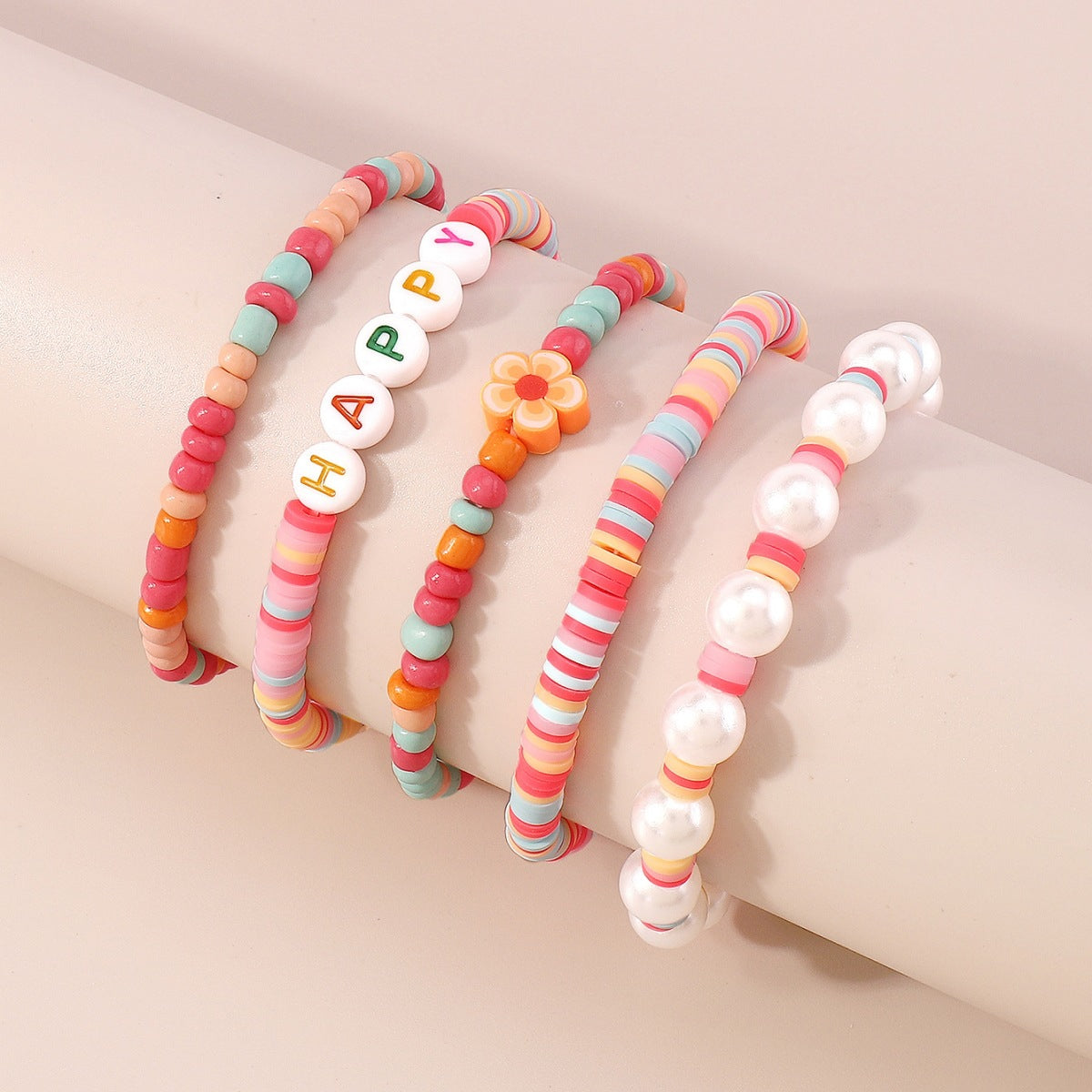 Light Pink Stripe Howlite 'Happy' Beaded Stretch Bracelet Set