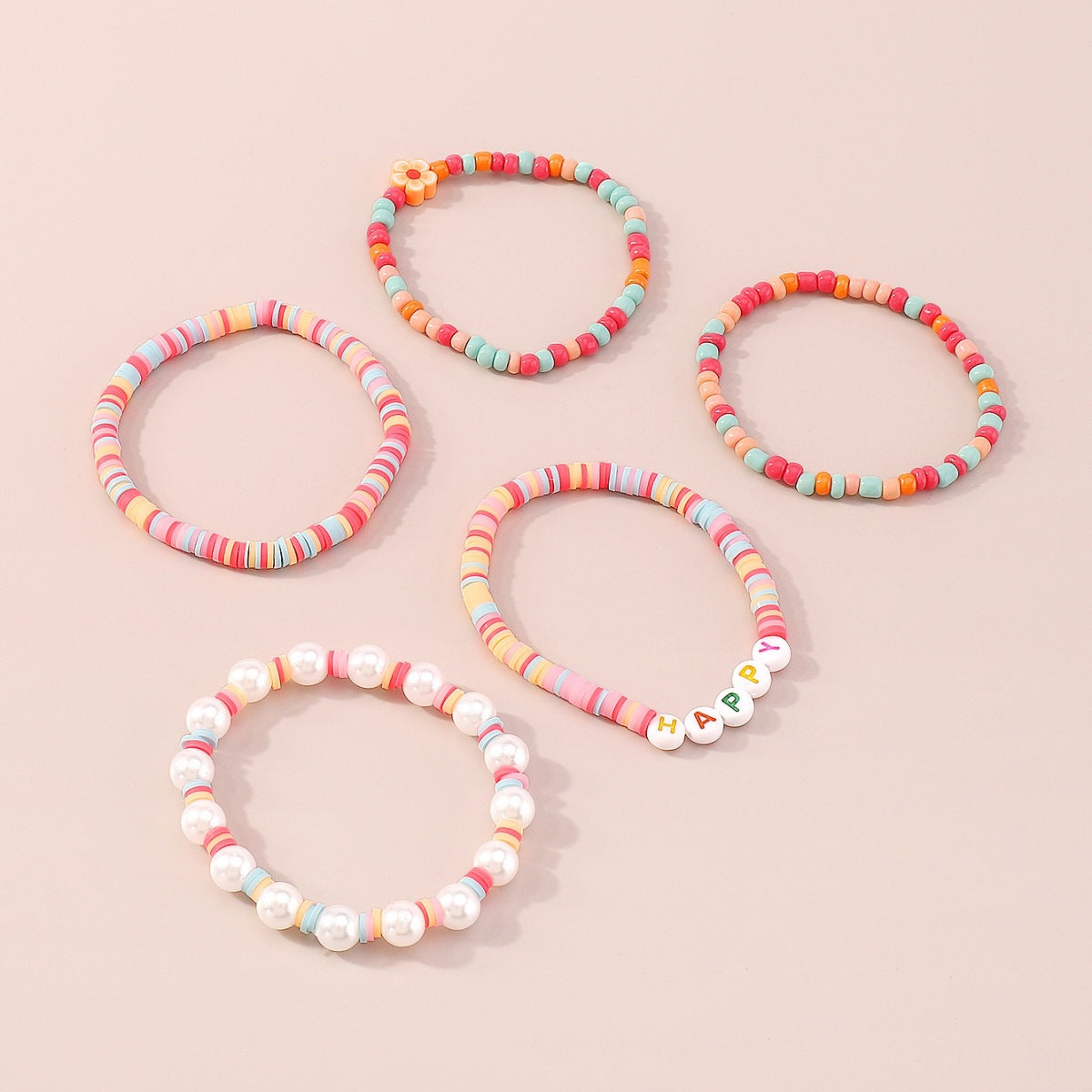 Light Pink Stripe Howlite 'Happy' Beaded Stretch Bracelet Set