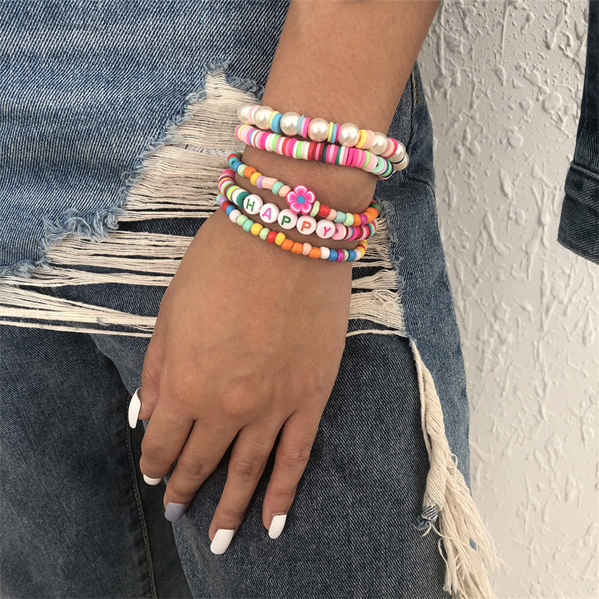 Pink Howlite 'Happy' Beaded Stretch Bracelet Set