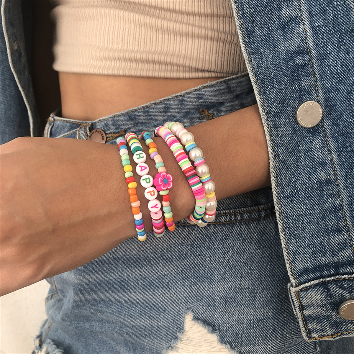 Pink Howlite 'Happy' Beaded Stretch Bracelet Set