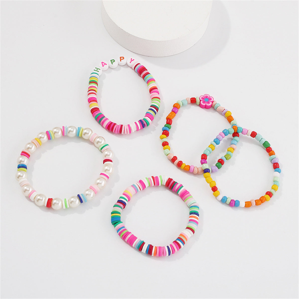 Pink Howlite 'Happy' Beaded Stretch Bracelet Set