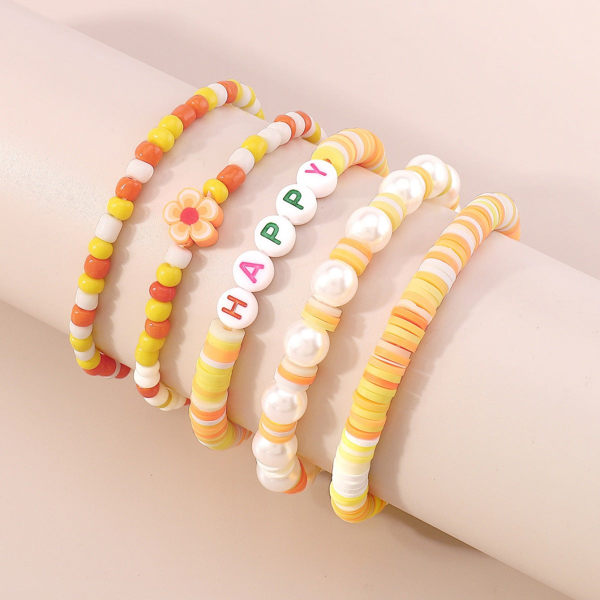 Orange Howlite 'Happy' Beaded Stretch Bracelet Set