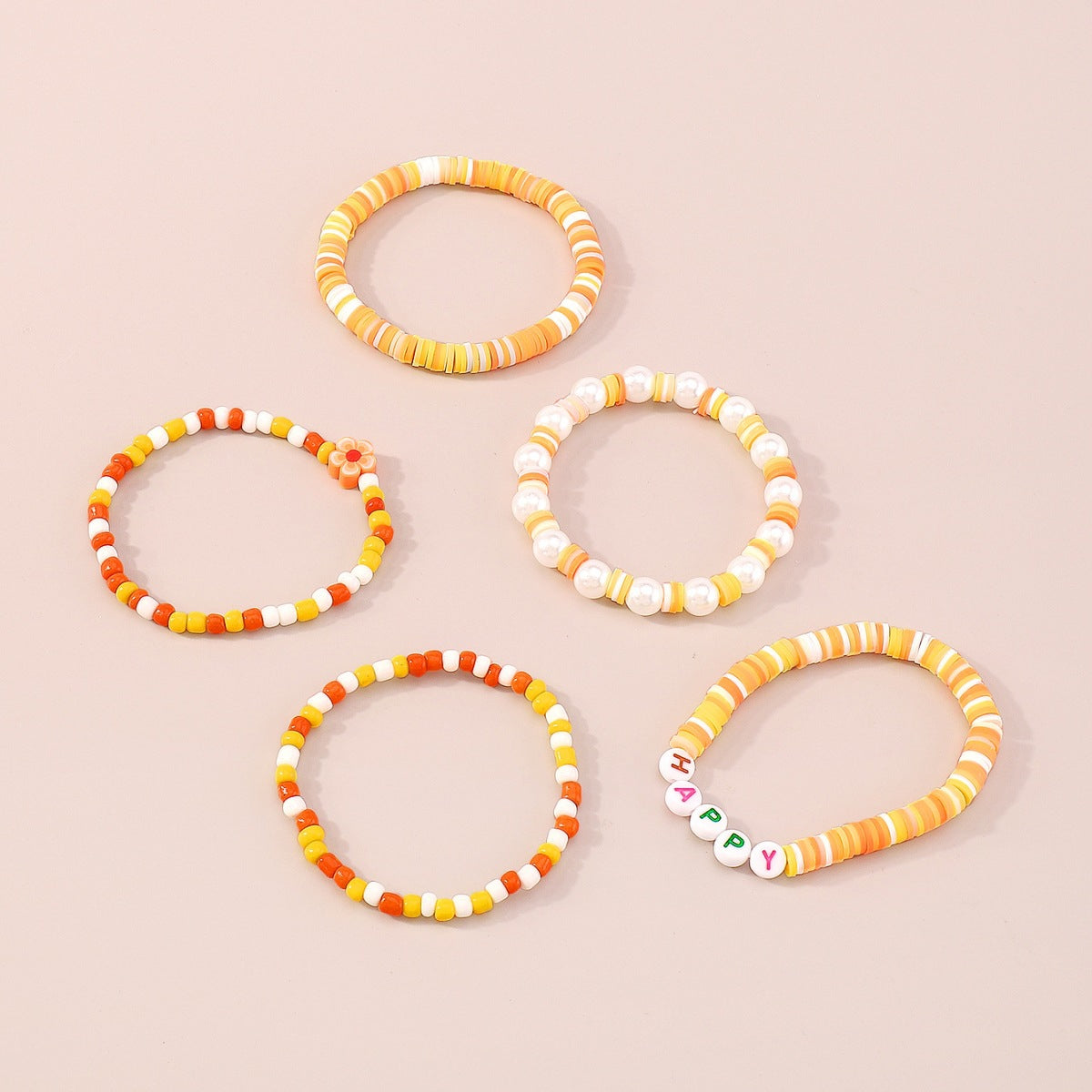 Orange Howlite 'Happy' Beaded Stretch Bracelet Set