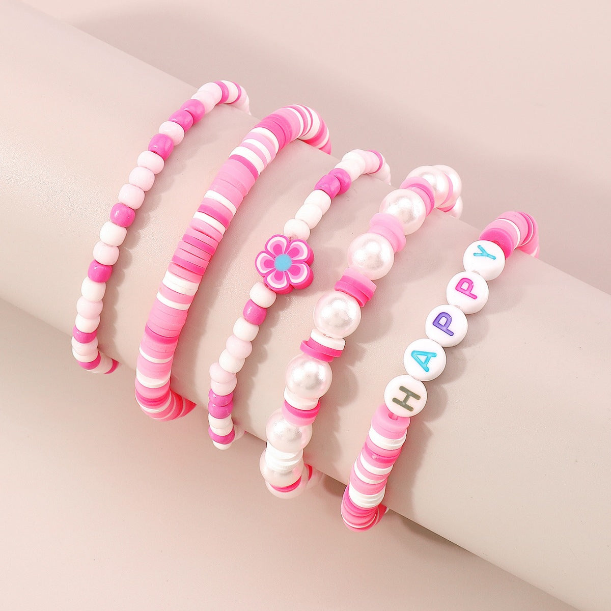 Pink & White Howlite 'Happy' Beaded Stretch Bracelet Set