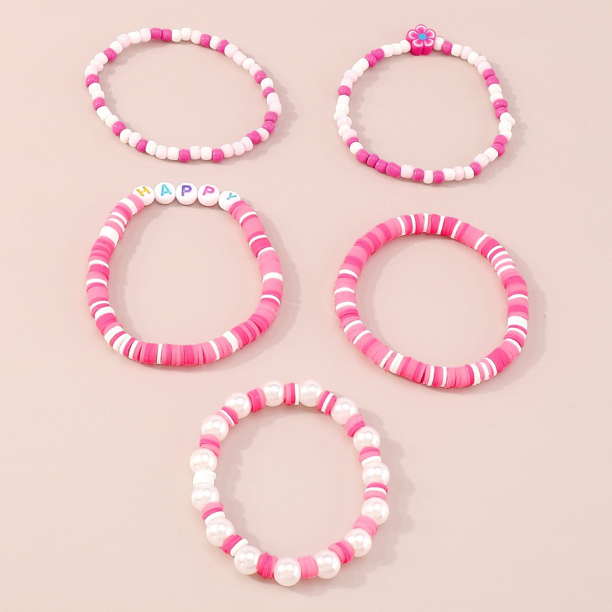 Pink & White Howlite 'Happy' Beaded Stretch Bracelet Set