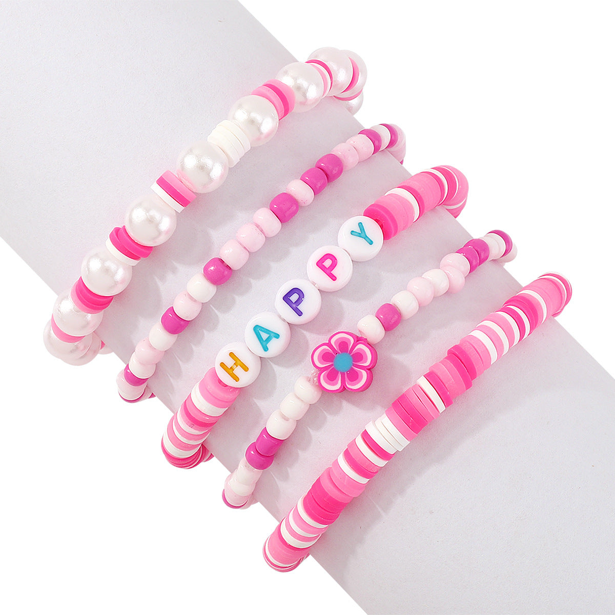 Pink & White Howlite 'Happy' Beaded Stretch Bracelet Set