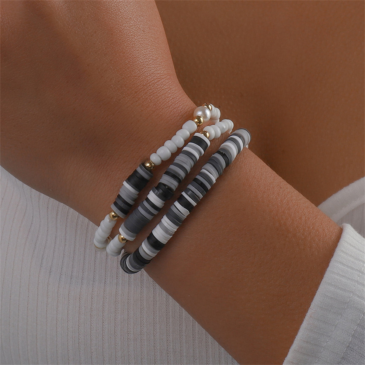 Black Howlite & Pearl 18K Gold-Plated Beaded Stretch Bracelet Set