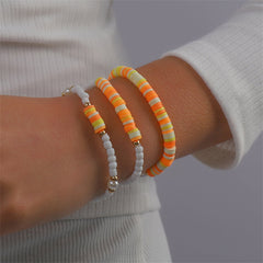 Orange Polymer Clay & Pearl Beaded Stretch Bracelet Set