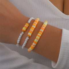 Orange Polymer Clay & Pearl Beaded Stretch Bracelet Set