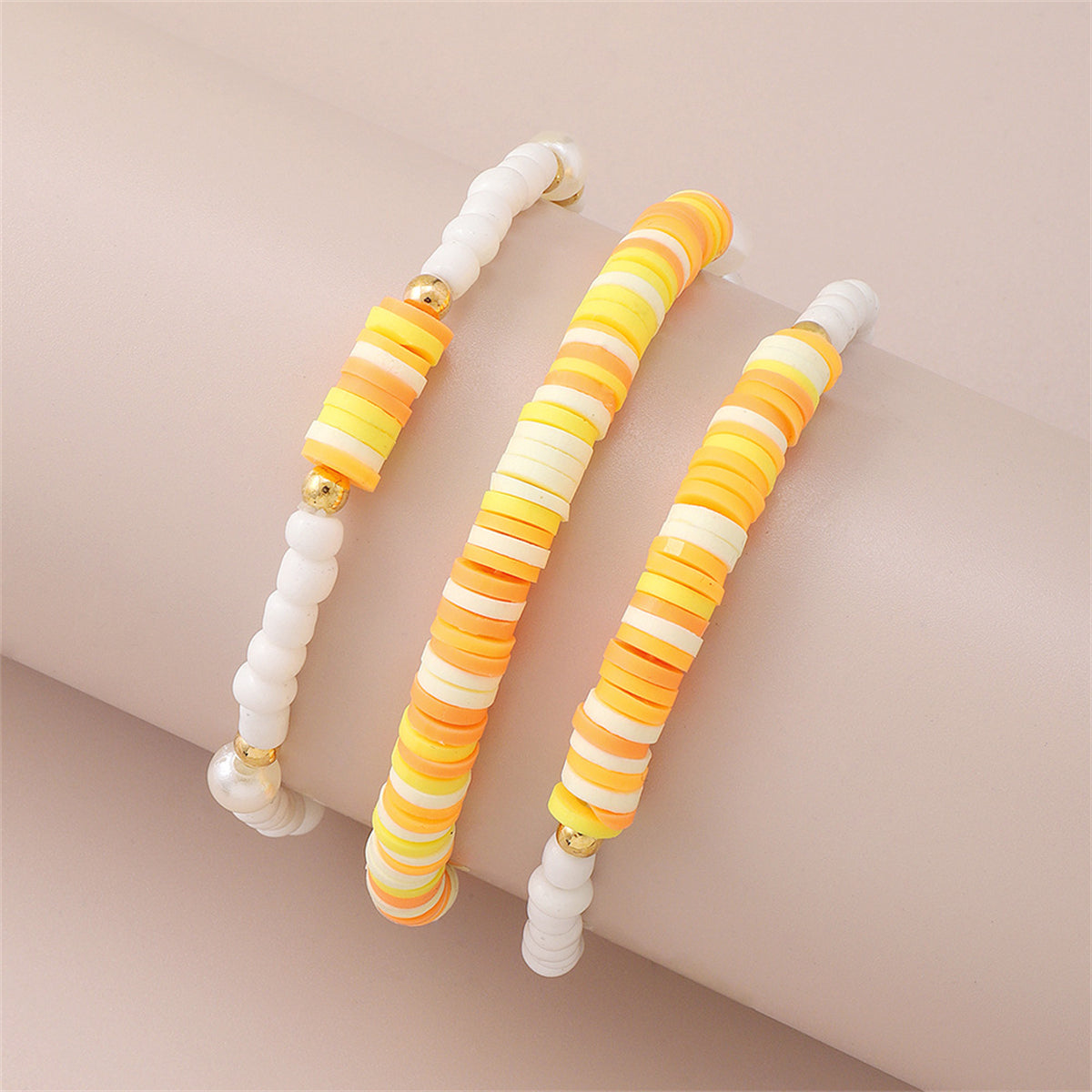 Orange Polymer Clay & Pearl Beaded Stretch Bracelet Set