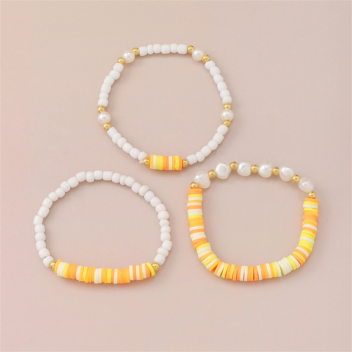 Orange Polymer Clay & Pearl Beaded Stretch Bracelet Set