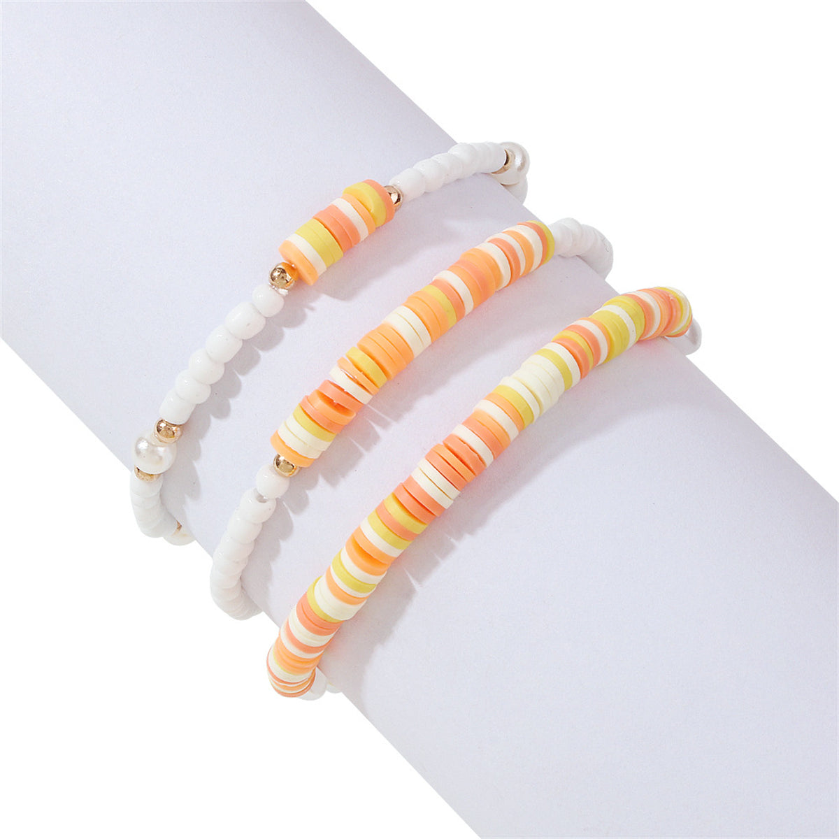 Orange Polymer Clay & Pearl Beaded Stretch Bracelet Set