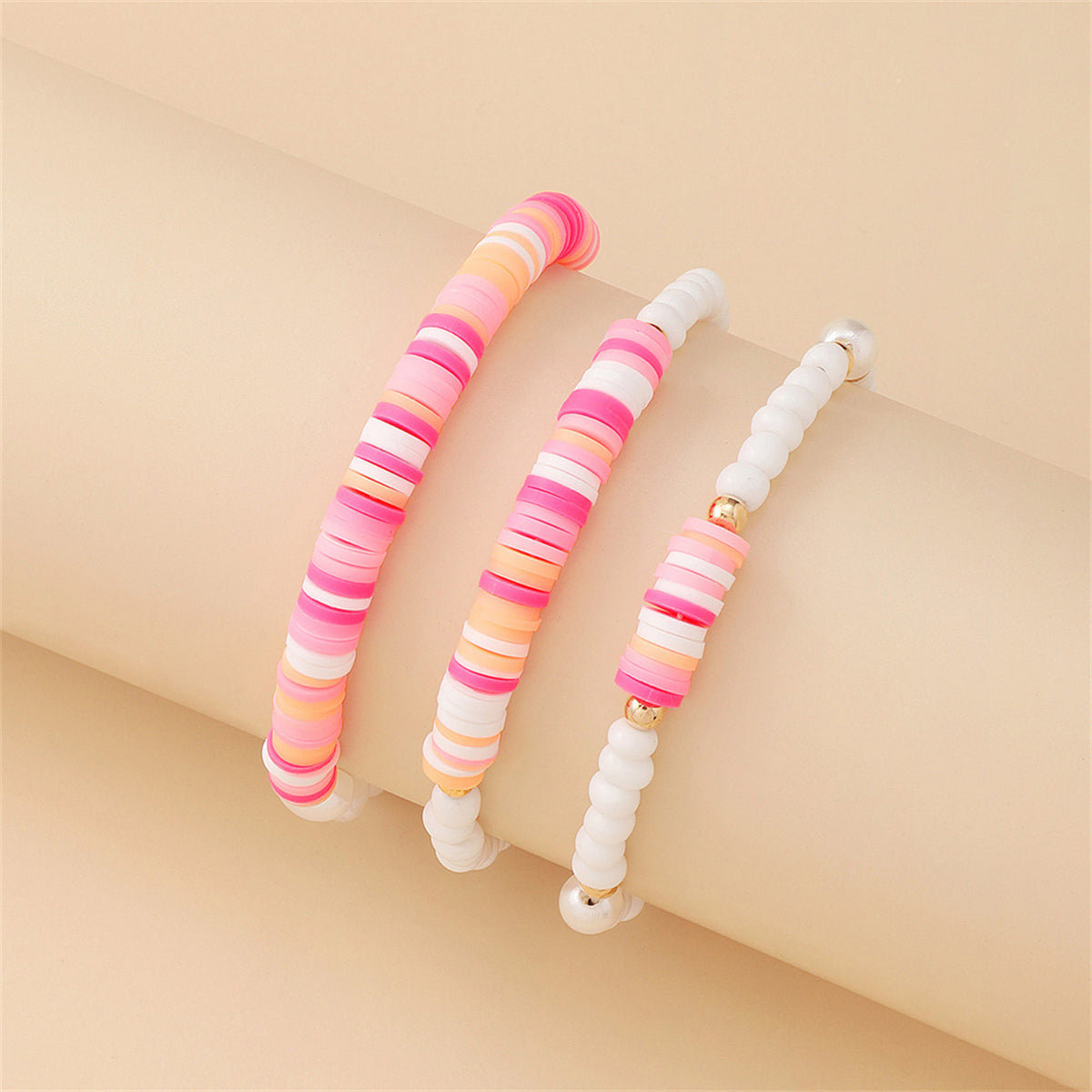 Pink Polymer Clay & White Howlite Beaded Stretch Bracelet Set