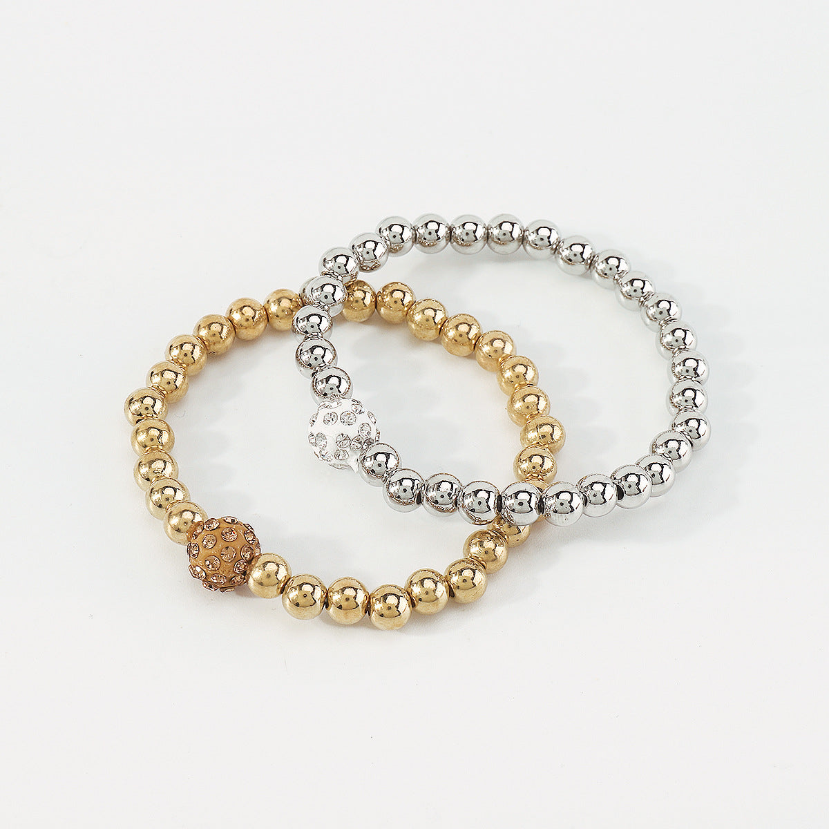 Cubic Zirconia & Two Tone Beaded Stretch Bracelet Set